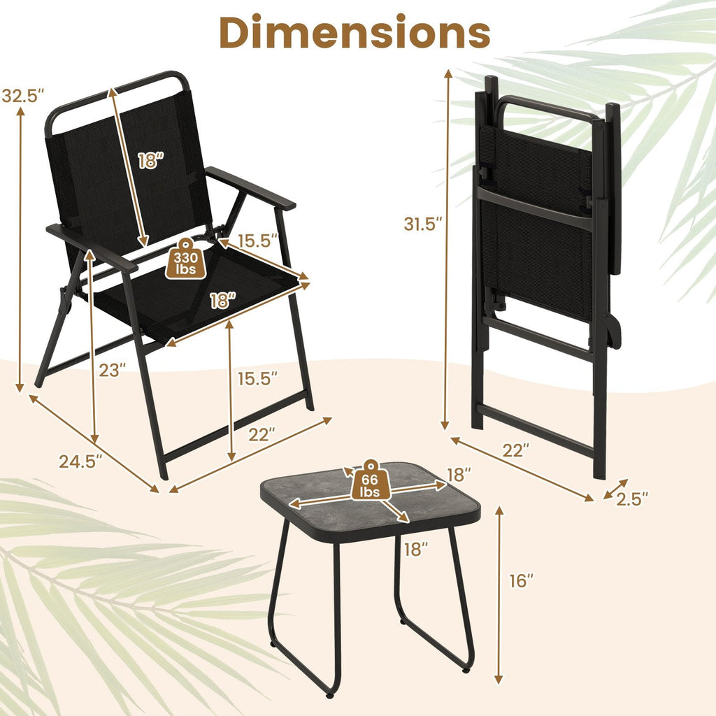 3-teiliges, klappbares Terrassen-Sitzgruppe-Set, 2 Sling-Sessel mit einer Belastbarkeit von 330 lb und 1 Beistelltisch mit 18 Zoll, Schwarz