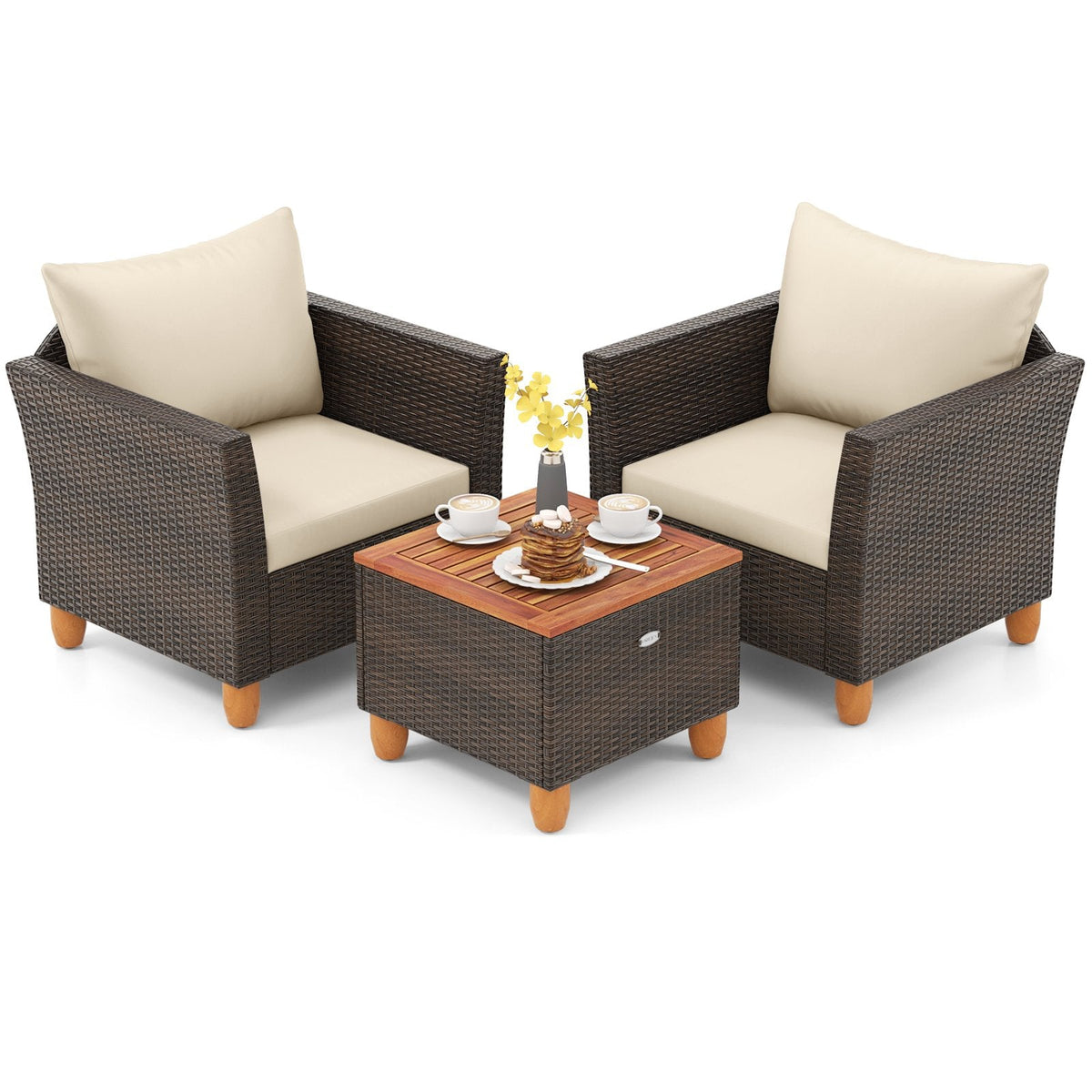 3-teiliges Rattan-Terrassenmöbel-Set, 2 Einzelsessel mit beigen Auflagen und ein 20 Zoll großer Klapp-Beistelltisch aus Akazienholz mit Stauraum
