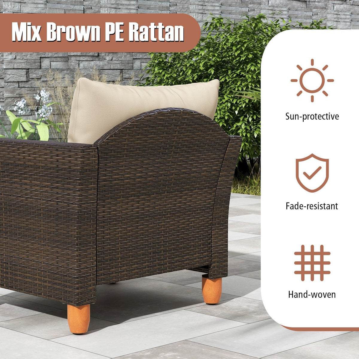 3-teiliges Rattan-Terrassenmöbel-Set, 2 Einzelsessel mit beigen Auflagen und ein 20 Zoll großer Klapp-Beistelltisch aus Akazienholz mit Stauraum