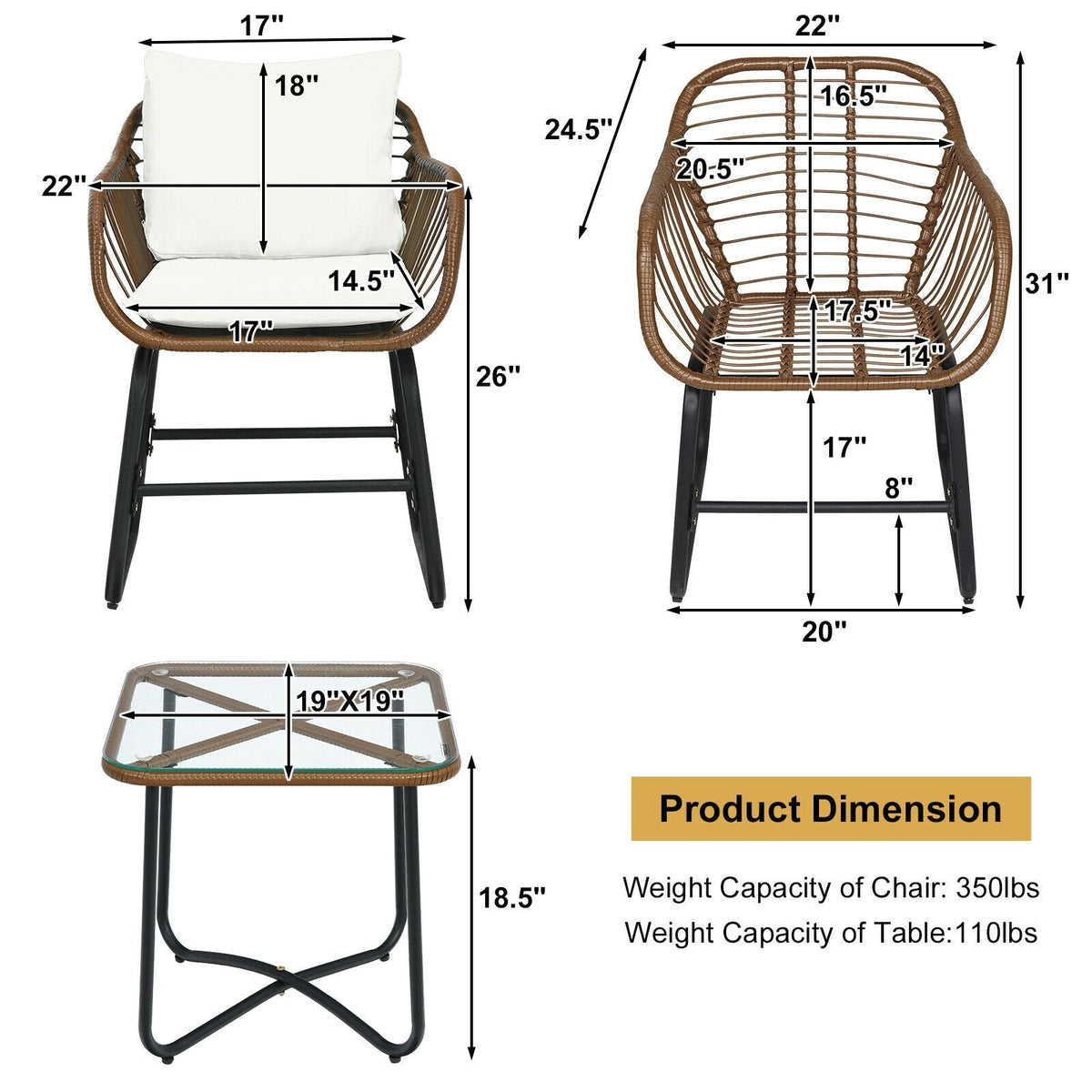 Juego de bistró de ratán para patio de 3 piezas, 2 sillas tipo cesta de tejido abierto con capacidad de 350 lb, cojines color crema y mesa con cubierta de vidrio de 19 pulgadas