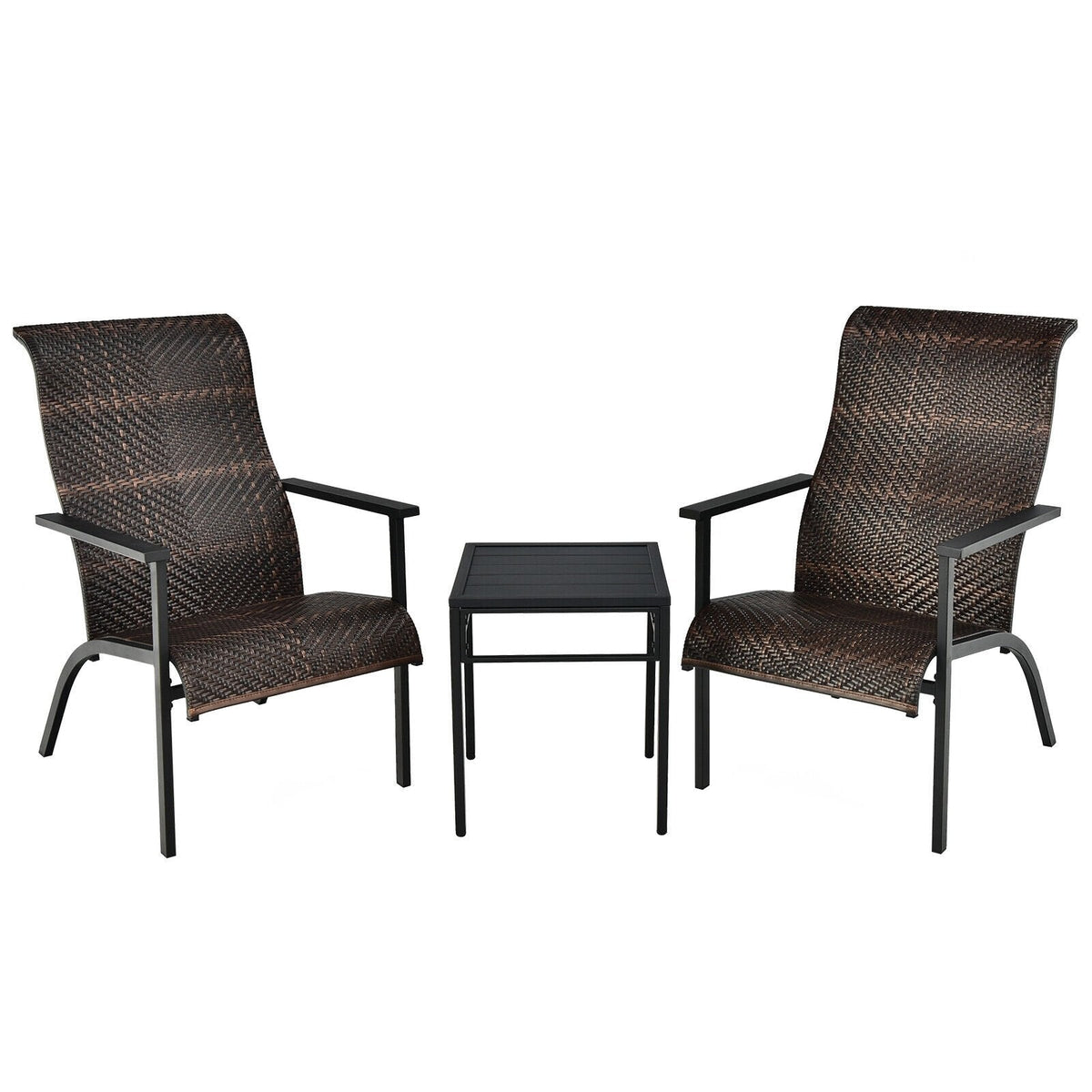 3-teiliges Rattan-Bistro-Set für die Terrasse, 2 geflochtene Hochlehner mit 150 kg Belastbarkeit in Braun-Mix auf Schwarz, mit 43 cm Beistelltisch