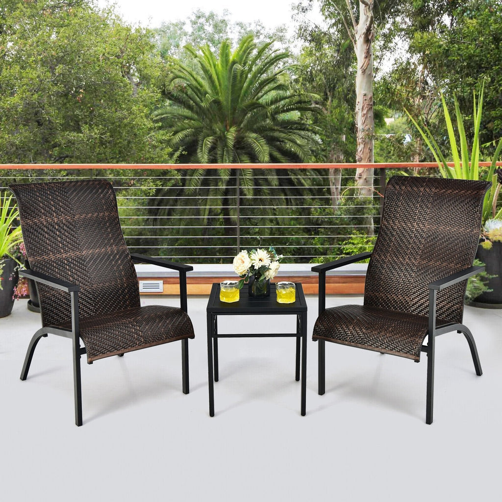 3-teiliges Rattan-Bistro-Set für die Terrasse, 2 geflochtene Hochlehner mit 150 kg Belastbarkeit in Braun-Mix auf Schwarz, mit 43 cm Beistelltisch