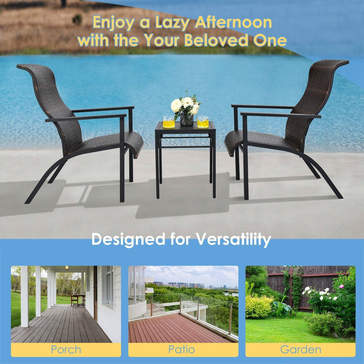 3-teiliges Rattan-Bistro-Set für die Terrasse, 2 geflochtene Hochlehner mit 150 kg Belastbarkeit in Braun-Mix auf Schwarz, mit 43 cm Beistelltisch