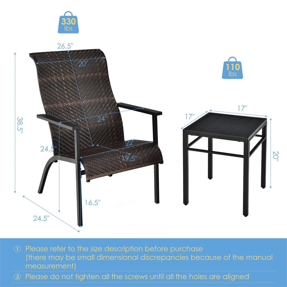 3-teiliges Rattan-Bistro-Set für die Terrasse, 2 geflochtene Hochlehner mit 150 kg Belastbarkeit in Braun-Mix auf Schwarz, mit 43 cm Beistelltisch
