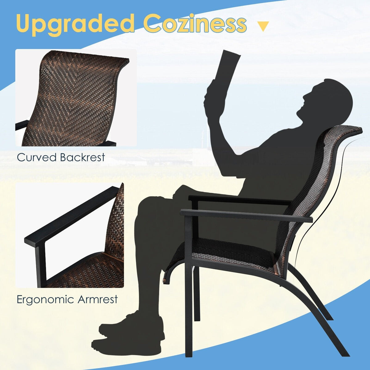 3-teiliges Rattan-Bistro-Set für die Terrasse, 2 geflochtene Hochlehner mit 150 kg Belastbarkeit in Braun-Mix auf Schwarz, mit 43 cm Beistelltisch