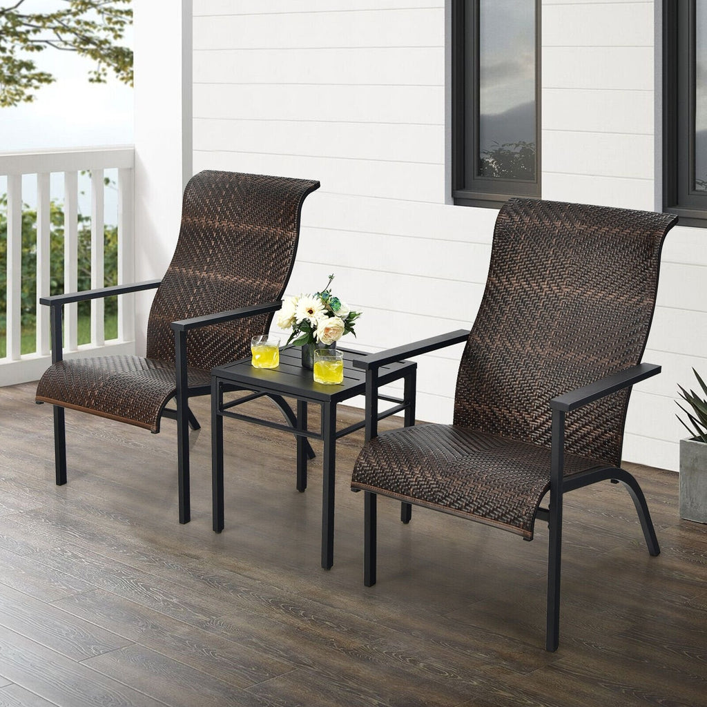 3-teiliges Rattan-Bistro-Set für die Terrasse, 2 geflochtene Hochlehner mit 150 kg Belastbarkeit in Braun-Mix auf Schwarz, mit 43 cm Beistelltisch