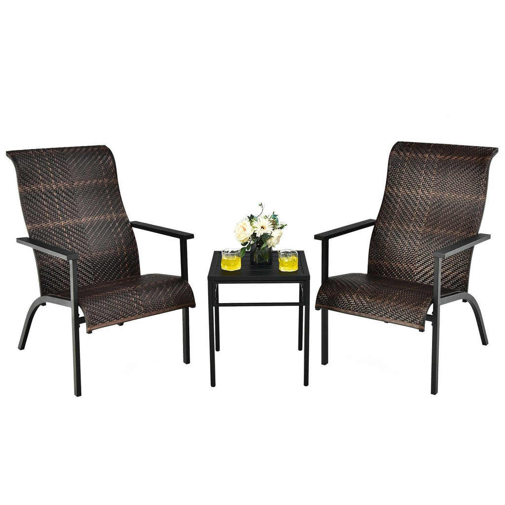 3-teiliges Rattan-Bistro-Set für die Terrasse, 2 geflochtene Hochlehner mit 150 kg Belastbarkeit in Braun-Mix auf Schwarz, mit 43 cm Beistelltisch