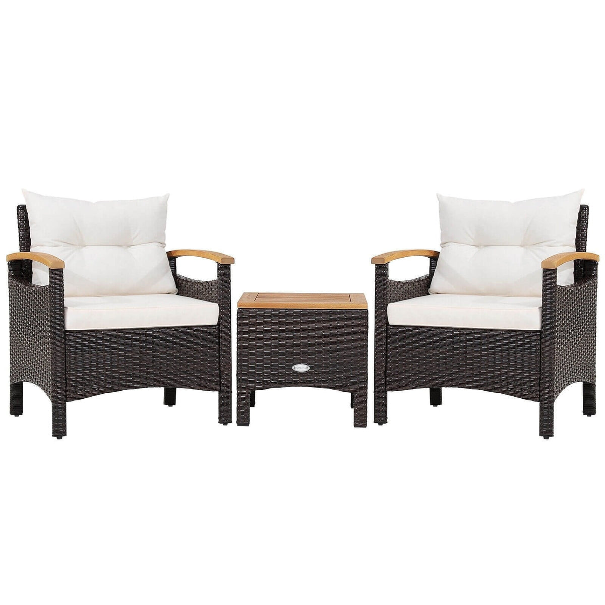 Salon de jardin en rotin 3 pièces, 2 fauteuils simples avec accoudoirs en acacia supportant 350 lb, coussins blanc cassé et table d'appoint avec plateau en acacia de 17,5 po