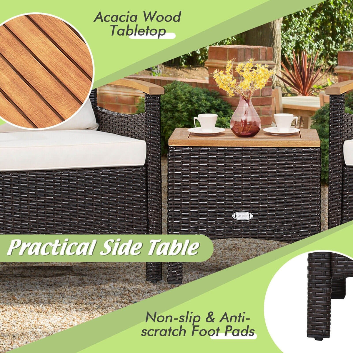 Salon de jardin en rotin 3 pièces, 2 fauteuils simples avec accoudoirs en acacia supportant 350 lb, coussins blanc cassé et table d'appoint avec plateau en acacia de 17,5 po