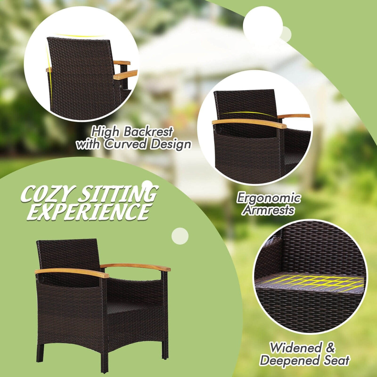 Salon de jardin en rotin 3 pièces, 2 fauteuils simples avec accoudoirs en acacia supportant 350 lb, coussins blanc cassé et table d'appoint avec plateau en acacia de 17,5 po