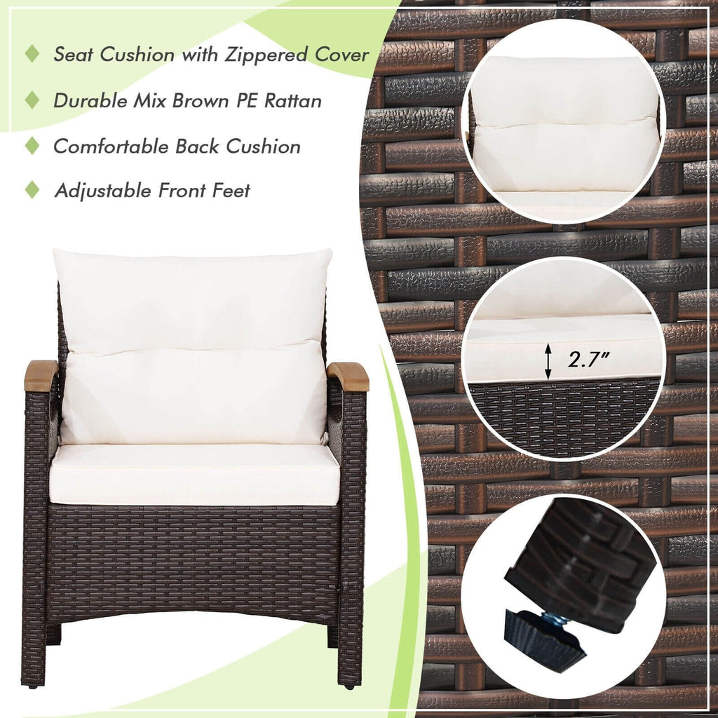 Salon de jardin en rotin 3 pièces, 2 fauteuils simples avec accoudoirs en acacia supportant 350 lb, coussins blanc cassé et table d'appoint avec plateau en acacia de 17,5 po
