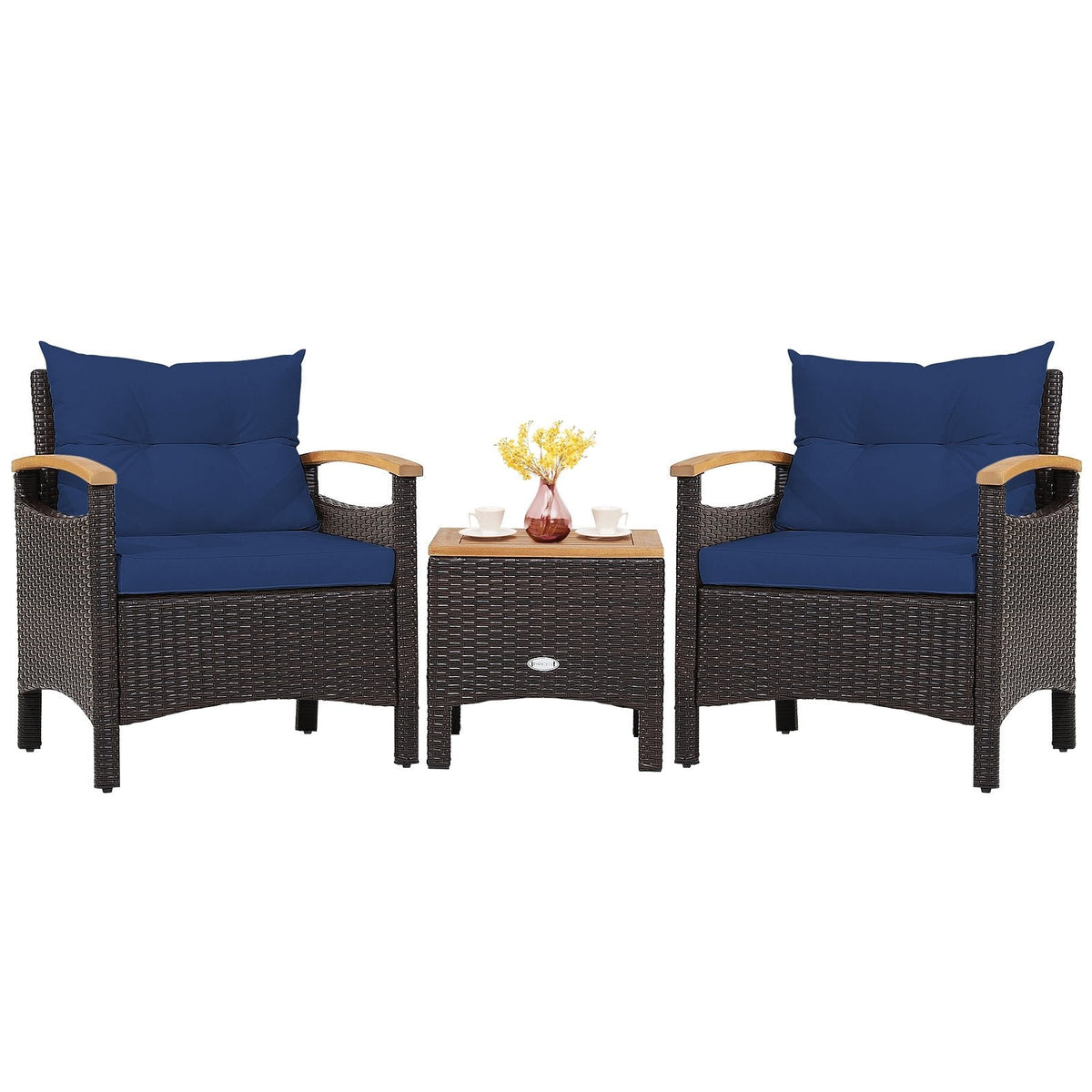 3-teiliges Rattan-Terrassenset, 2 Einzelsessel mit Akazienholz-Armlehnen bis 160 kg belastbar, marineblaue Polster und ein 44,5 cm Beistelltisch mit Akazienholzplatte