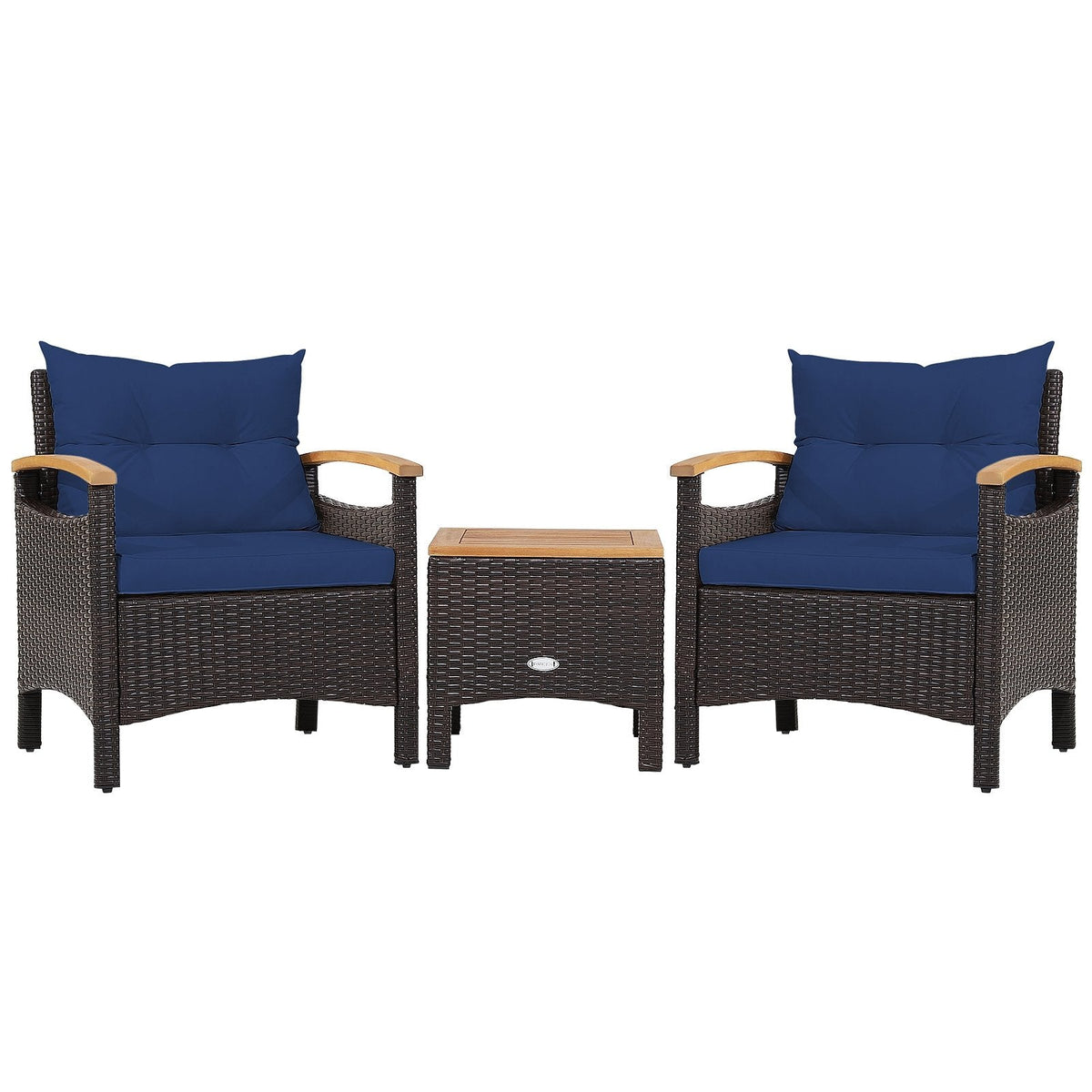 3-teiliges Rattan-Terrassenset, 2 Einzelsessel mit Akazienholz-Armlehnen bis 160 kg belastbar, marineblaue Polster und ein 44,5 cm Beistelltisch mit Akazienholzplatte