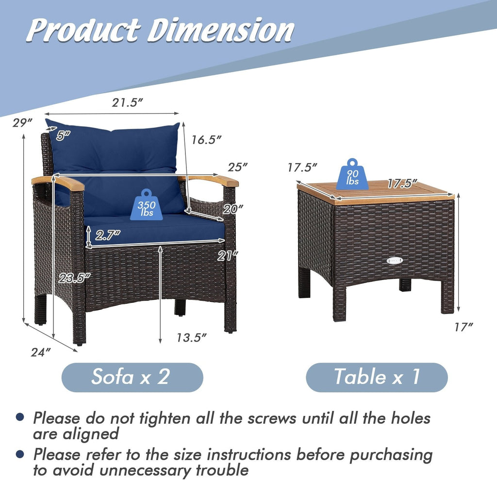 3-teiliges Rattan-Terrassenset, 2 Einzelsessel mit Akazienholz-Armlehnen bis 160 kg belastbar, marineblaue Polster und ein 44,5 cm Beistelltisch mit Akazienholzplatte
