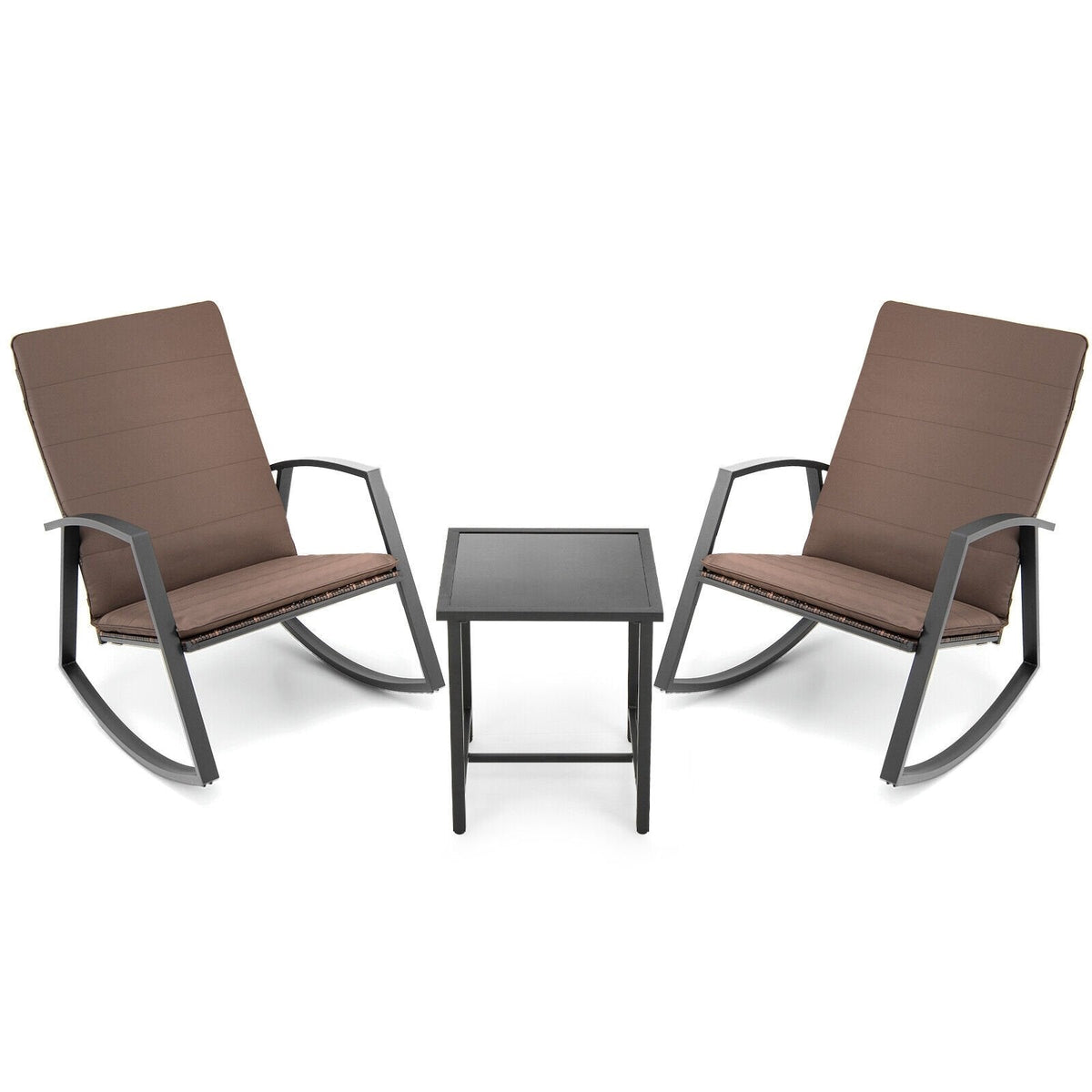 Juego de 3 piezas de mecedoras para patio: 2 mecedoras con respaldo alto, resistentes hasta 330 lb, con cojines marrones y una mesita auxiliar con tablero de vidrio de 17 in.