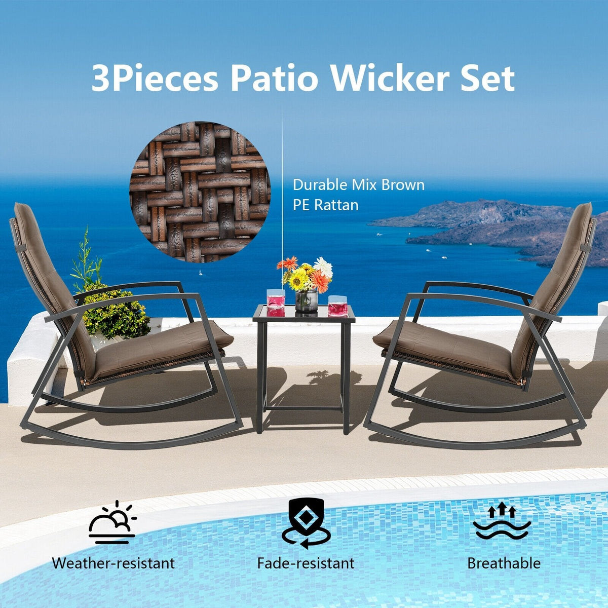 Juego de 3 piezas de mecedoras para patio: 2 mecedoras con respaldo alto, resistentes hasta 330 lb, con cojines marrones y una mesita auxiliar con tablero de vidrio de 17 in.