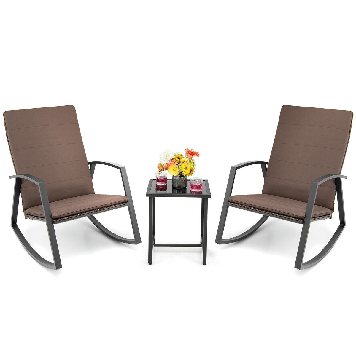 Juego de 3 piezas de mecedoras para patio: 2 mecedoras con respaldo alto, resistentes hasta 330 lb, con cojines marrones y una mesita auxiliar con tablero de vidrio de 17 in.