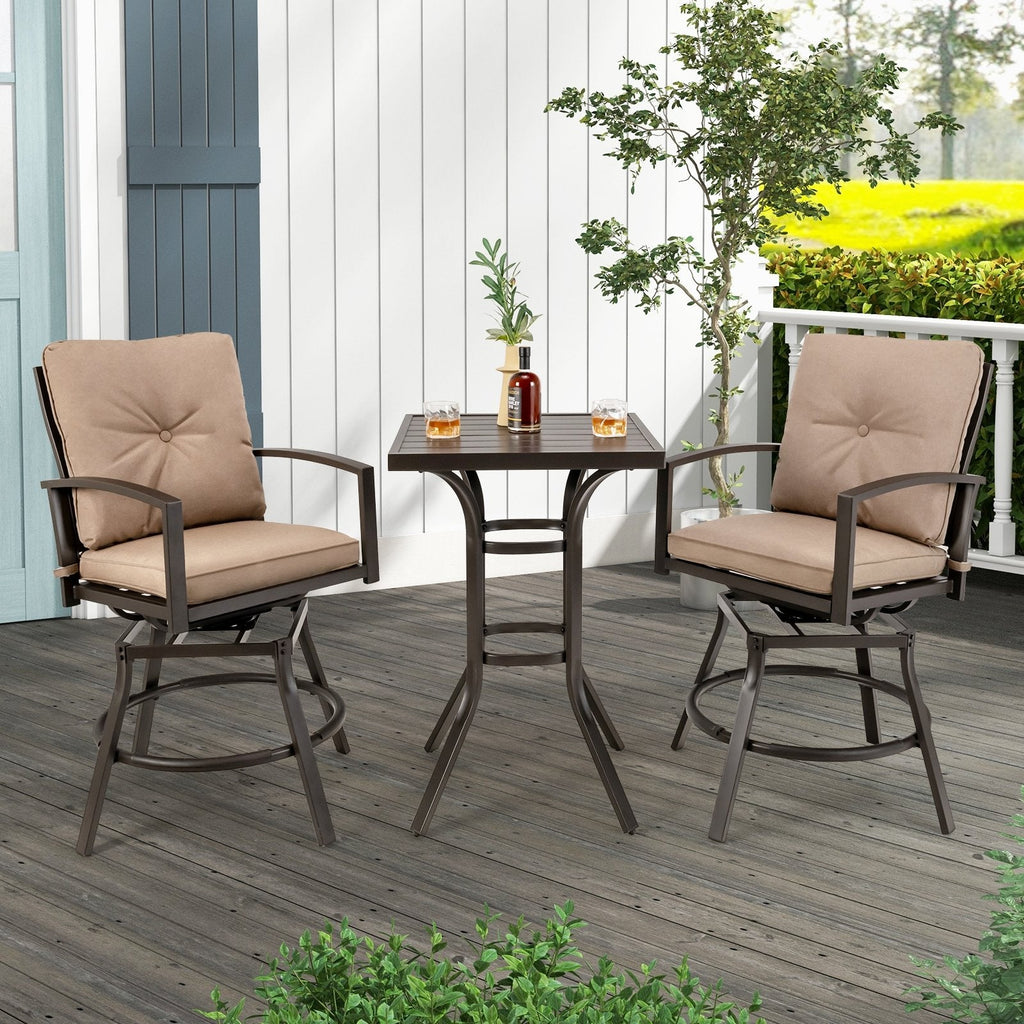Ensemble de table de bar pivotante de terrasse 3 pièces avec coussins amovibles et structure en métal antirouille