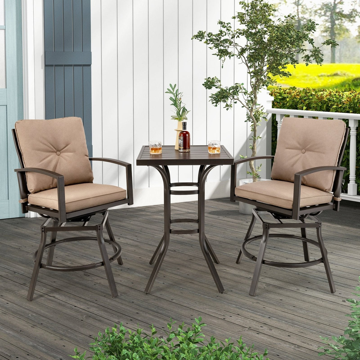 Ensemble de table de bar pivotante de terrasse 3 pièces avec coussins amovibles et structure en métal antirouille