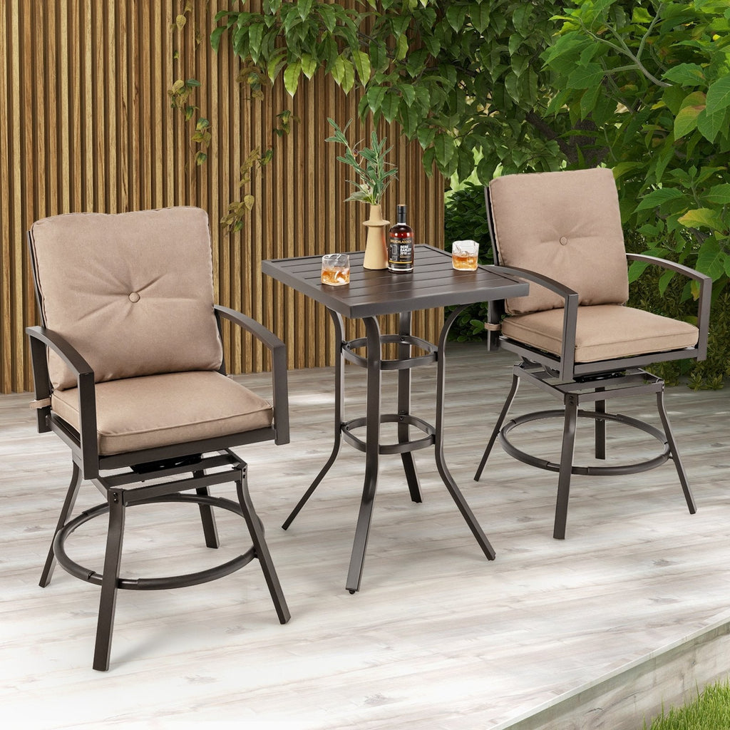 Ensemble de table de bar pivotante de terrasse 3 pièces avec coussins amovibles et structure en métal antirouille