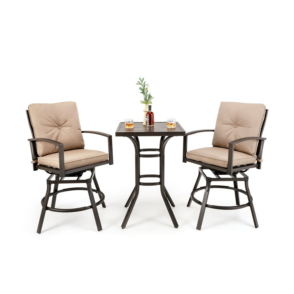 Ensemble de table de bar pivotante de terrasse 3 pièces avec coussins amovibles et structure en métal antirouille