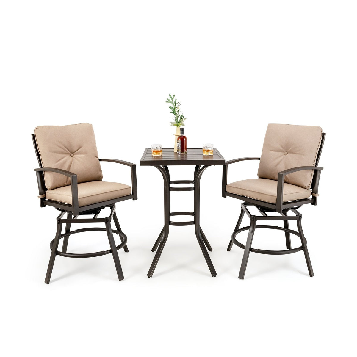 Ensemble de table de bar pivotante de terrasse 3 pièces avec coussins amovibles et structure en métal antirouille
