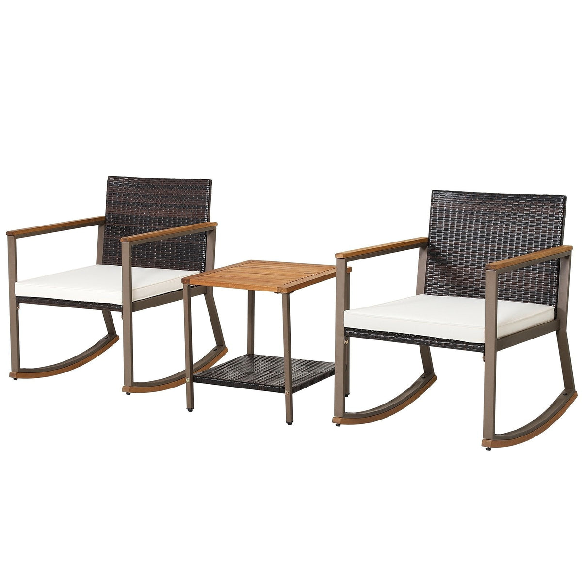 3-teiliges Bistro-Set aus Rattan mit Schaukelstühlen, 2 Schaukelstühle bis 181 kg belastbar mit cremeweißen Polstern und einem zweistöckigen Tisch mit Akazienholzplatte