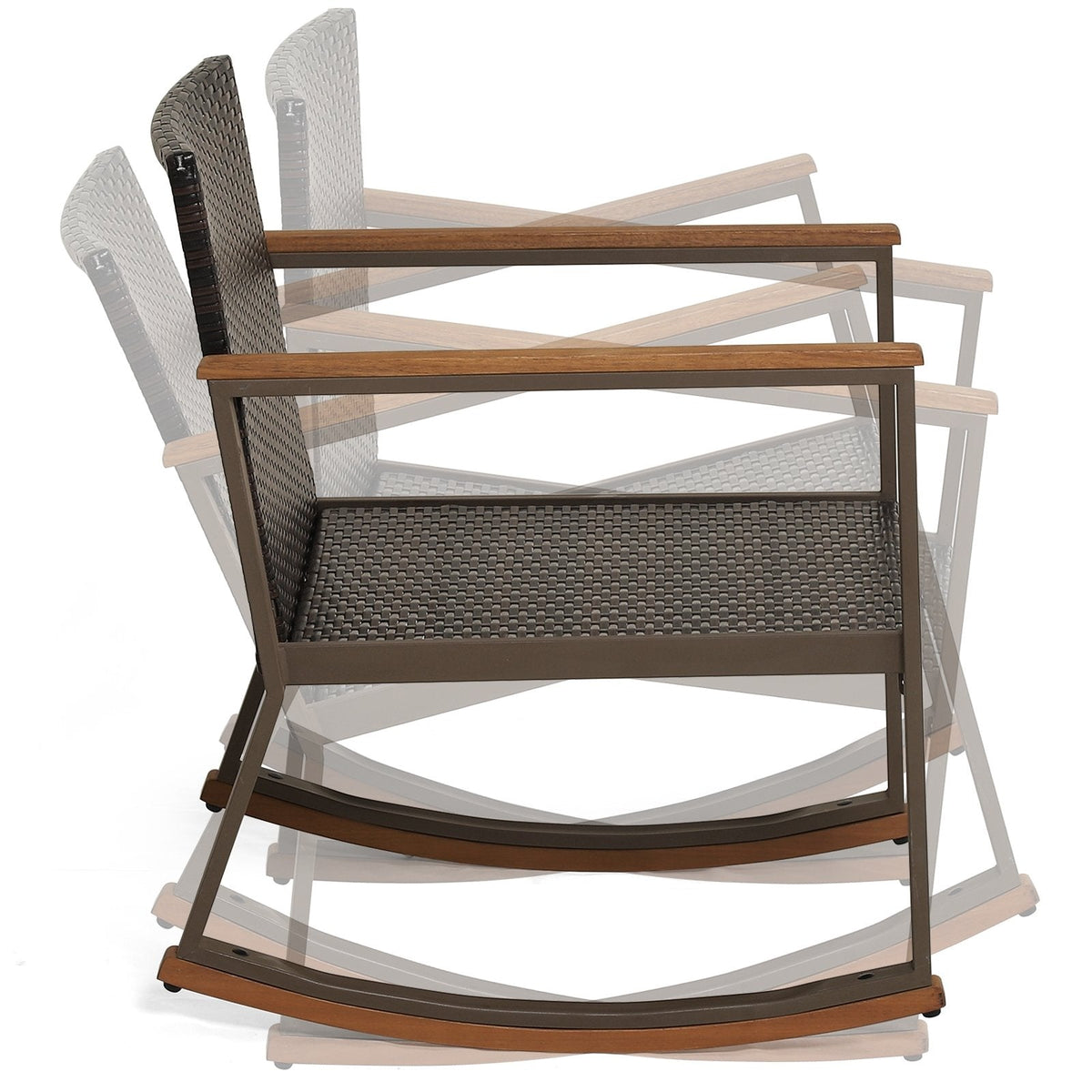 3-teiliges Bistro-Set aus Rattan mit Schaukelstühlen, 2 Schaukelstühle bis 181 kg belastbar mit cremeweißen Polstern und einem zweistöckigen Tisch mit Akazienholzplatte