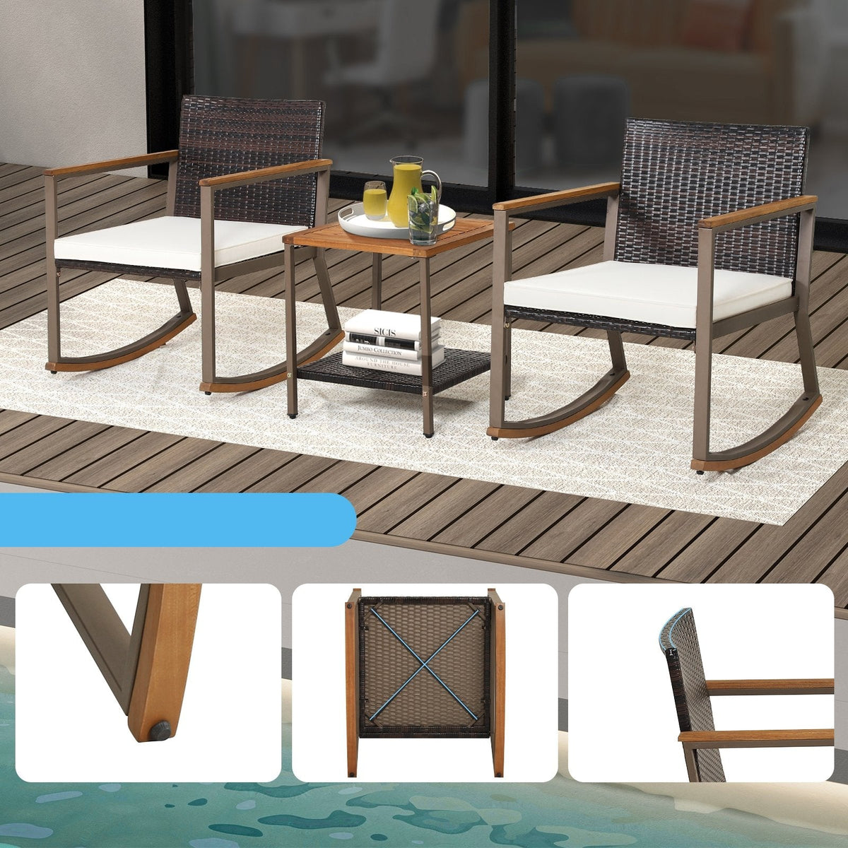 3-teiliges Bistro-Set aus Rattan mit Schaukelstühlen, 2 Schaukelstühle bis 181 kg belastbar mit cremeweißen Polstern und einem zweistöckigen Tisch mit Akazienholzplatte