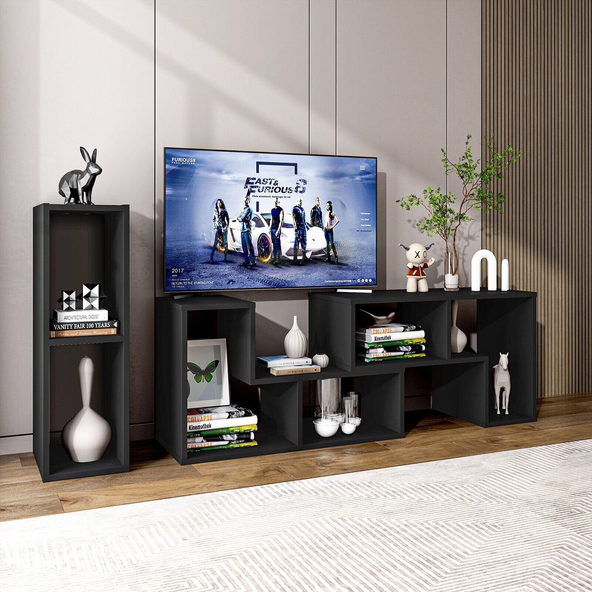 Meuble TV réglable 3 pièces pour téléviseurs jusqu'à 65 pouces avec étagères-Noir