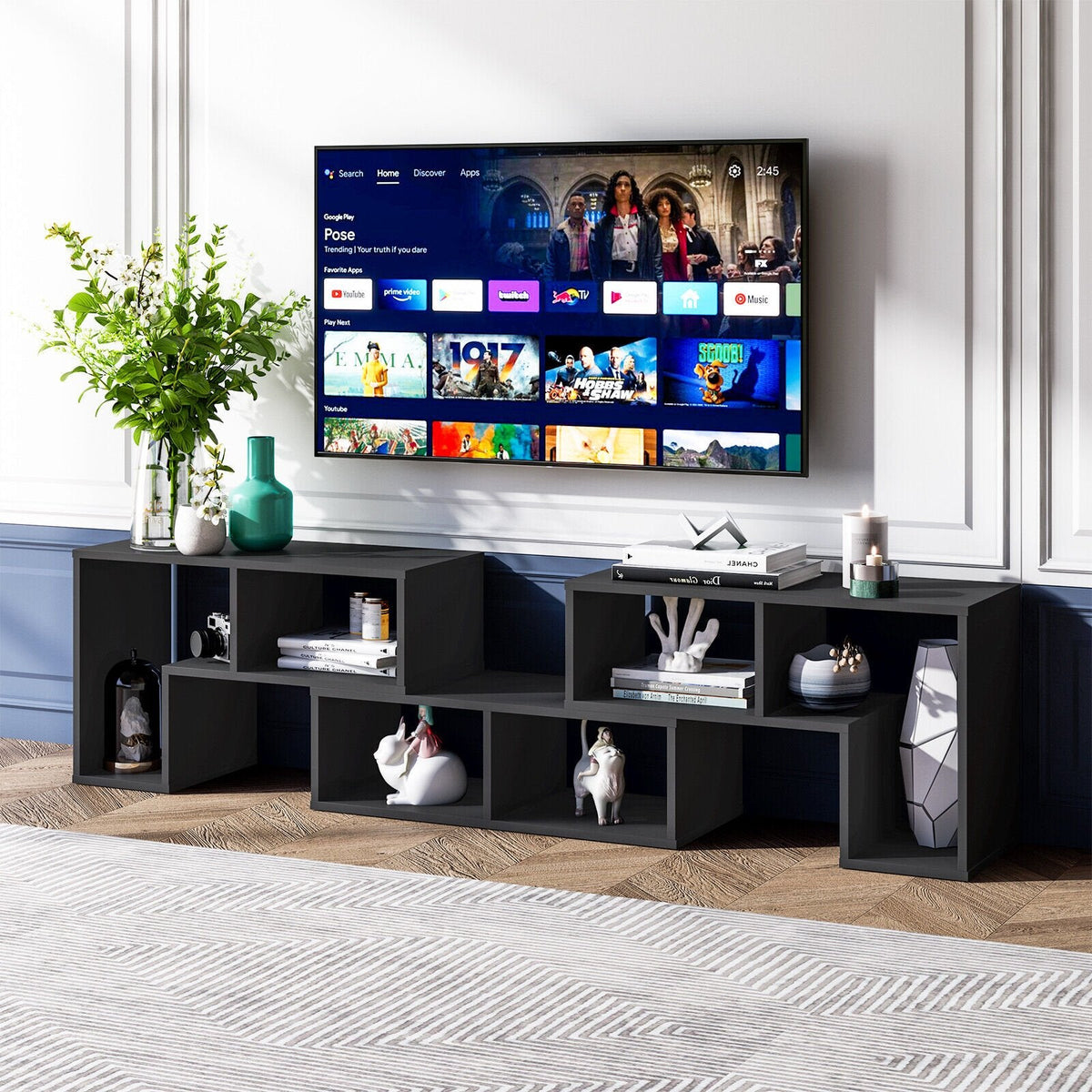 Meuble TV réglable 3 pièces pour téléviseurs jusqu'à 65 pouces avec étagères-Noir