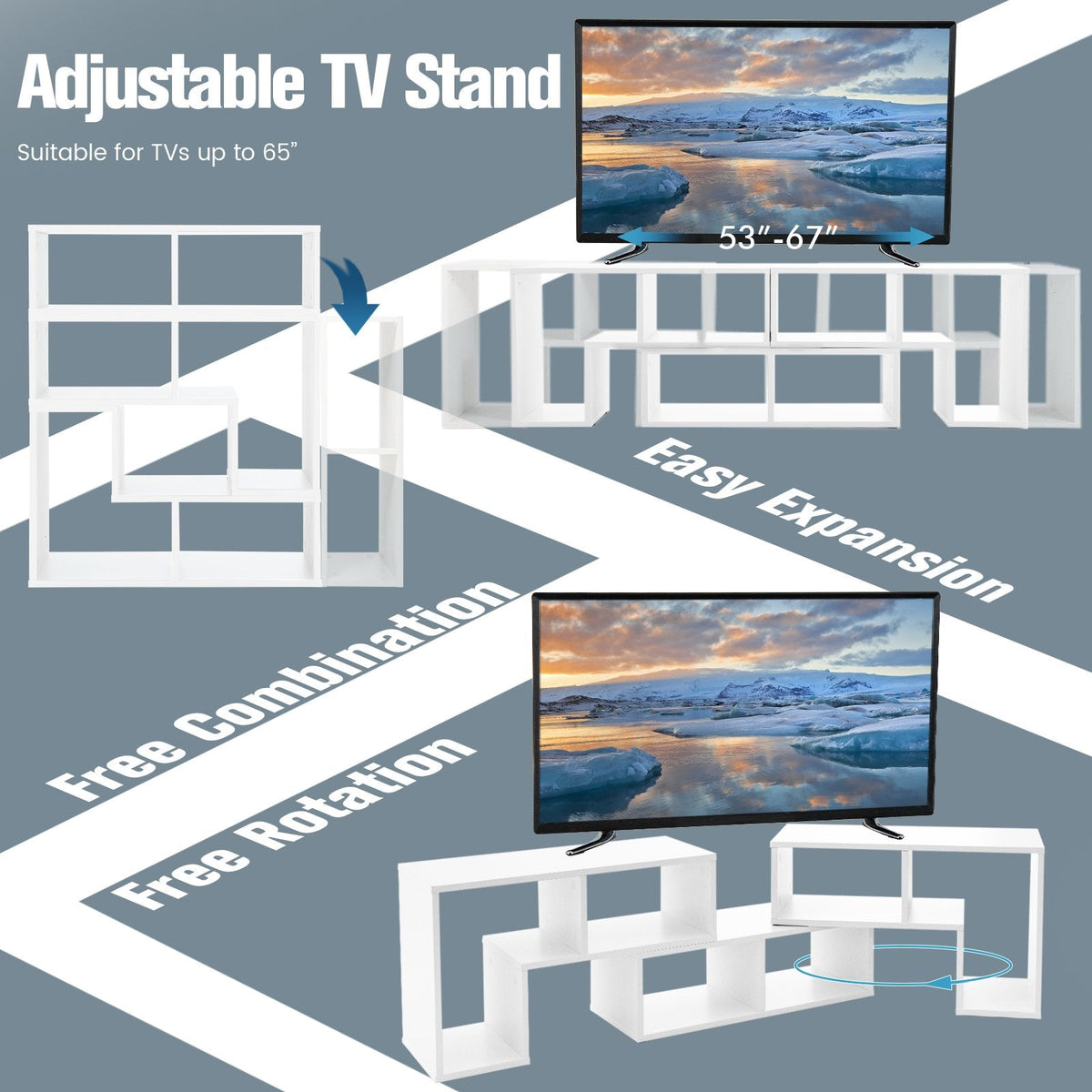 Mueble de TV de 3 piezas ajustable para televisores de hasta 65 pulgadas con estantes-Blanco