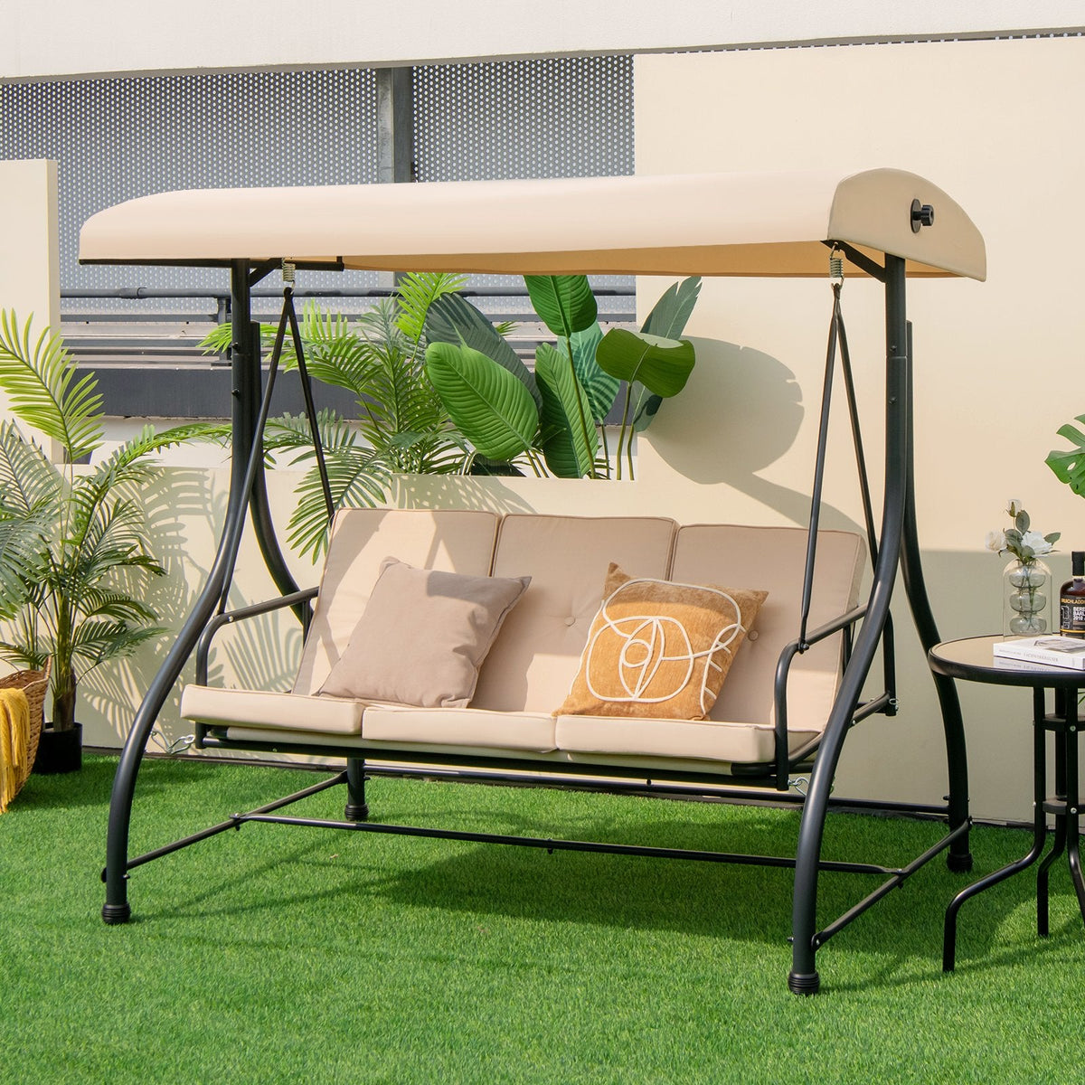 3-Sitzer-Verandaschaukel mit verstellbarem Sonnendach – Beige