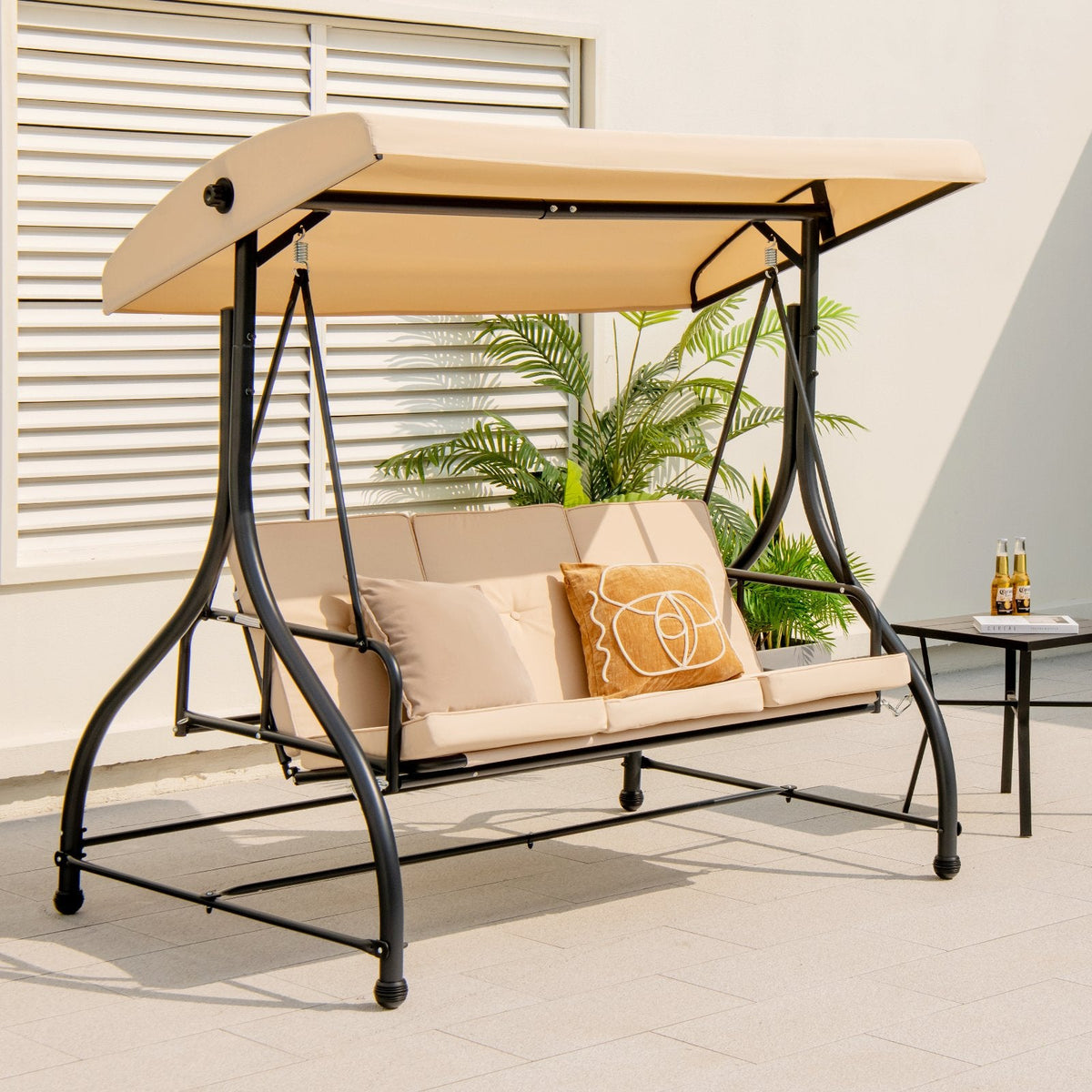 3-Sitzer-Verandaschaukel mit verstellbarem Sonnendach – Beige