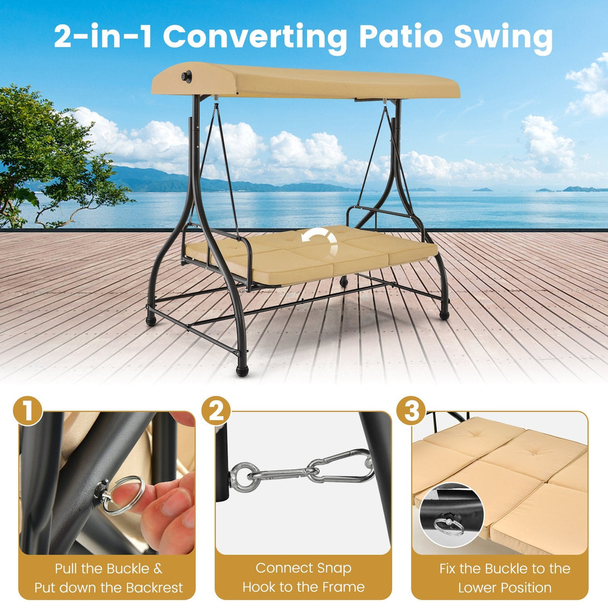 3-Sitzer-Verandaschaukel mit verstellbarem Sonnendach – Beige