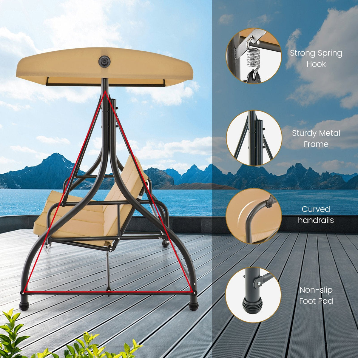 3-Sitzer-Verandaschaukel mit verstellbarem Sonnendach – Beige