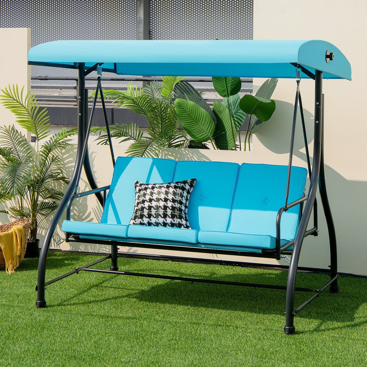 Columpio de Porche Exterior de 3 Asientos con Toldo Ajustable - Azul