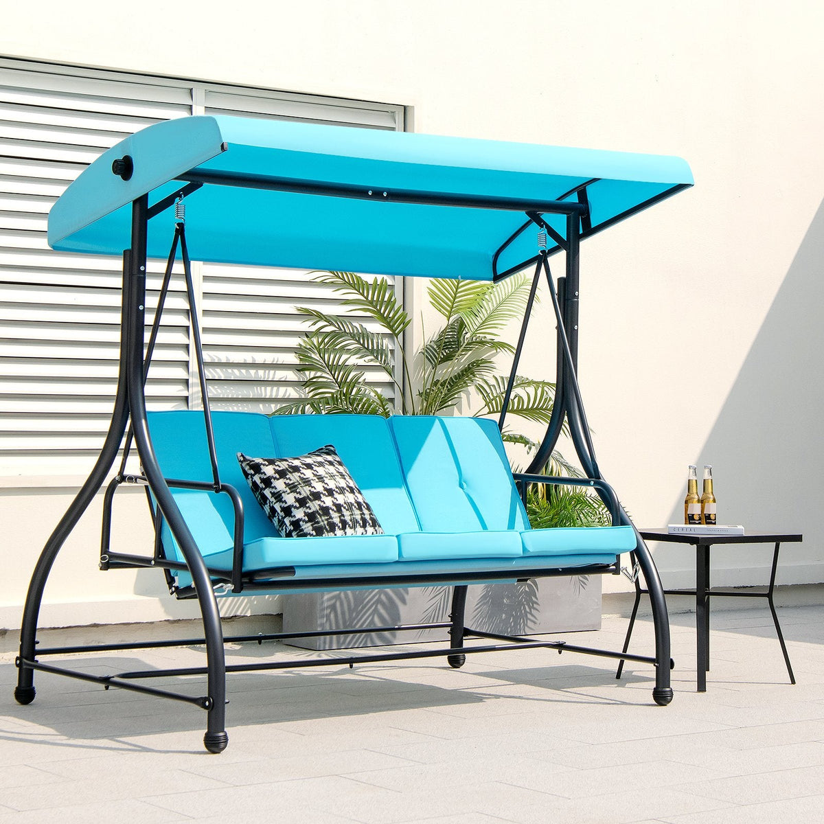 Columpio de Porche Exterior de 3 Asientos con Toldo Ajustable - Azul