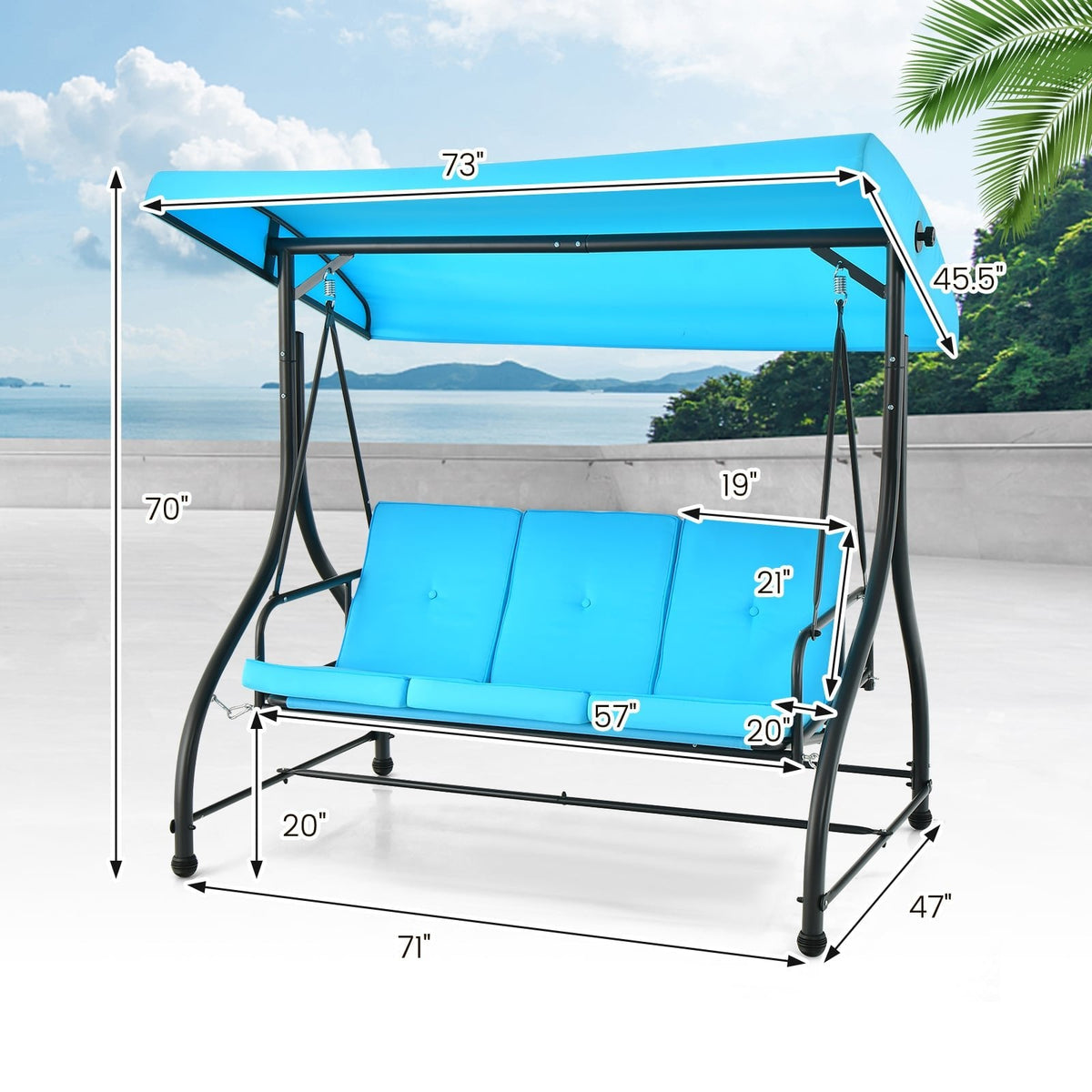 Columpio de Porche Exterior de 3 Asientos con Toldo Ajustable - Azul