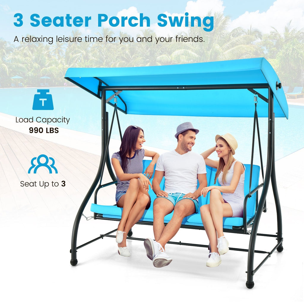 Columpio de Porche Exterior de 3 Asientos con Toldo Ajustable - Azul