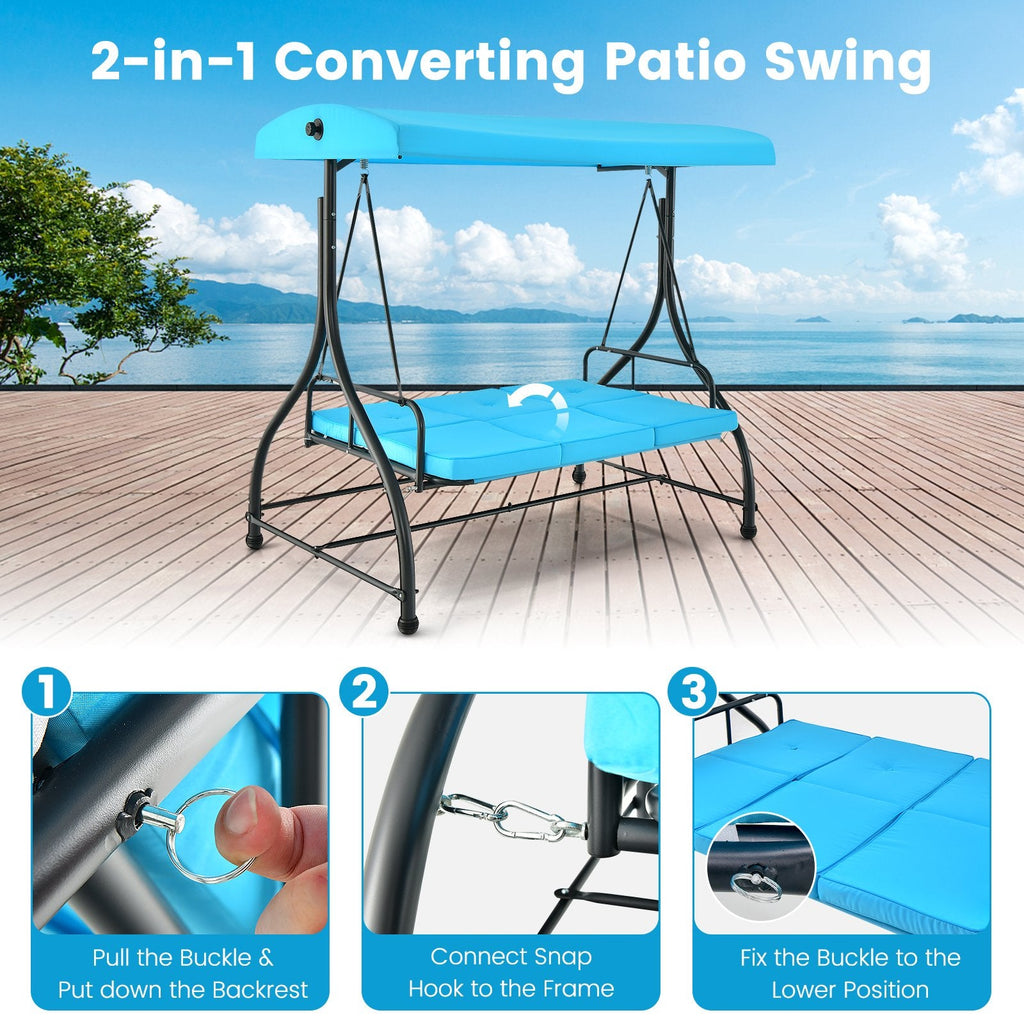 Columpio de Porche Exterior de 3 Asientos con Toldo Ajustable - Azul