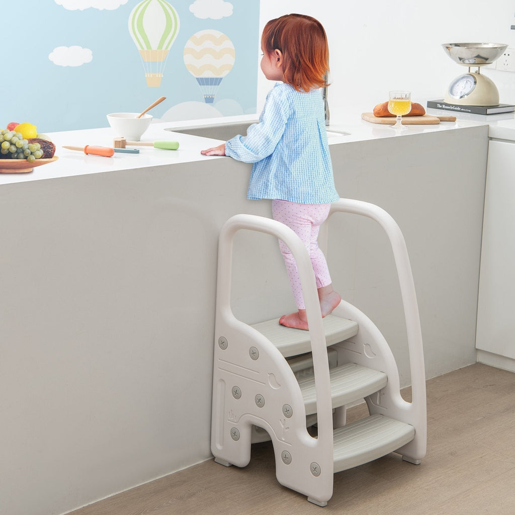 Taburete de 3 peldaños con agarraderas de seguridad y pedales antideslizantes para niños pequeños-Gris