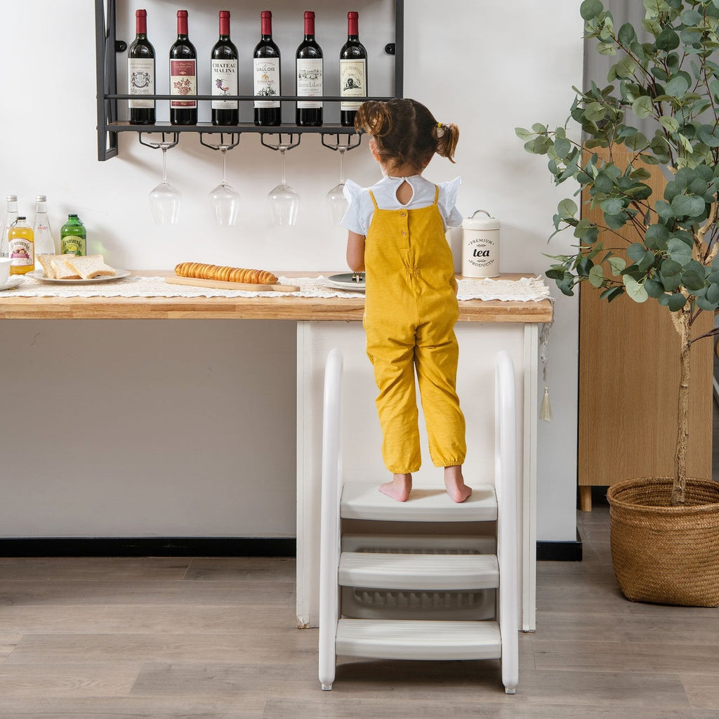 Taburete de 3 peldaños con agarraderas de seguridad y pedales antideslizantes para niños pequeños-Gris