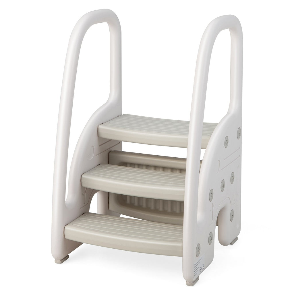 Taburete de 3 peldaños con agarraderas de seguridad y pedales antideslizantes para niños pequeños-Gris