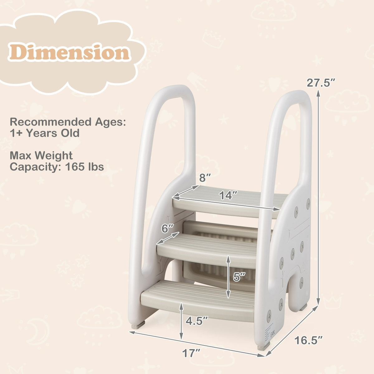 Taburete de 3 peldaños con agarraderas de seguridad y pedales antideslizantes para niños pequeños-Gris