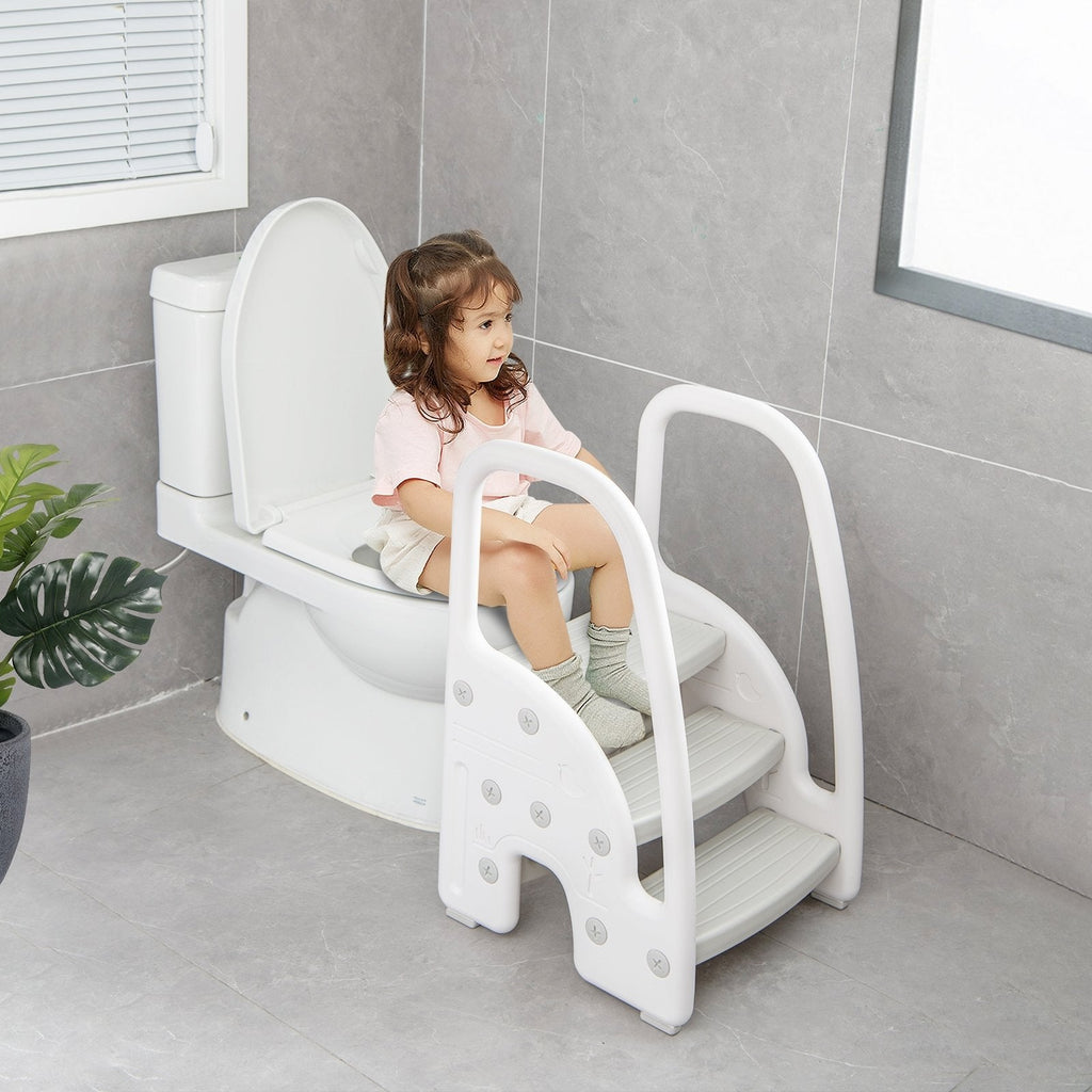 Taburete de 3 peldaños con agarraderas de seguridad y pedales antideslizantes para niños pequeños-Gris