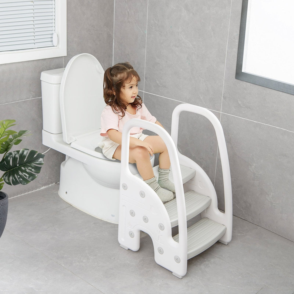 Taburete de 3 peldaños con agarraderas de seguridad y pedales antideslizantes para niños pequeños-Gris
