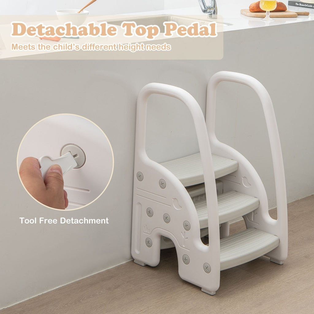 Taburete de 3 peldaños con agarraderas de seguridad y pedales antideslizantes para niños pequeños-Gris