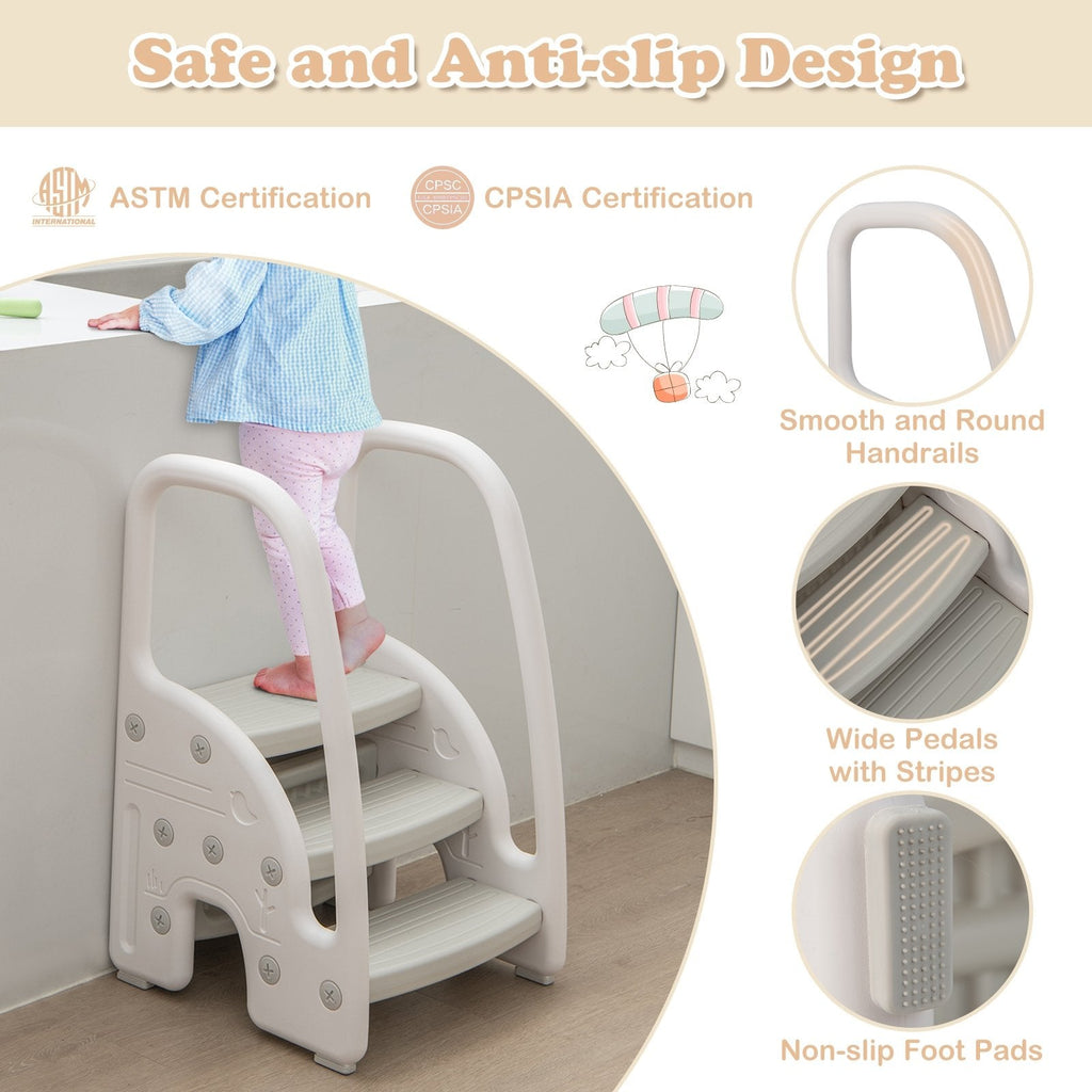 Taburete de 3 peldaños con agarraderas de seguridad y pedales antideslizantes para niños pequeños-Gris