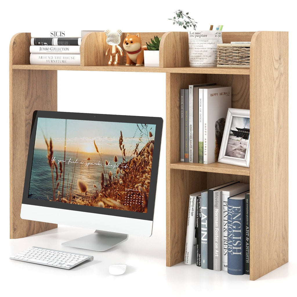 Schreibtisch-Bücherregal und Monitorständer mit offenem Rückfach in natürlicher Holzoptik